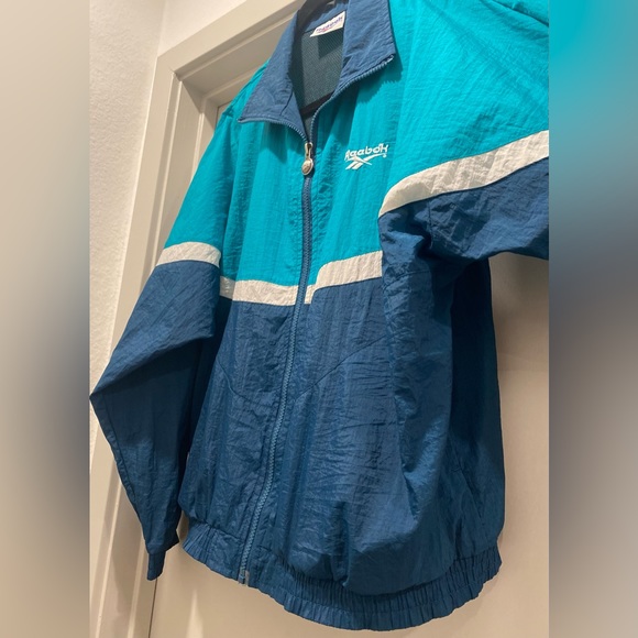 VTG Rare Retro 90s Reebok Teal & Navy Blue Color Block Windbreaker Jacket - L - Picture 11 of 16